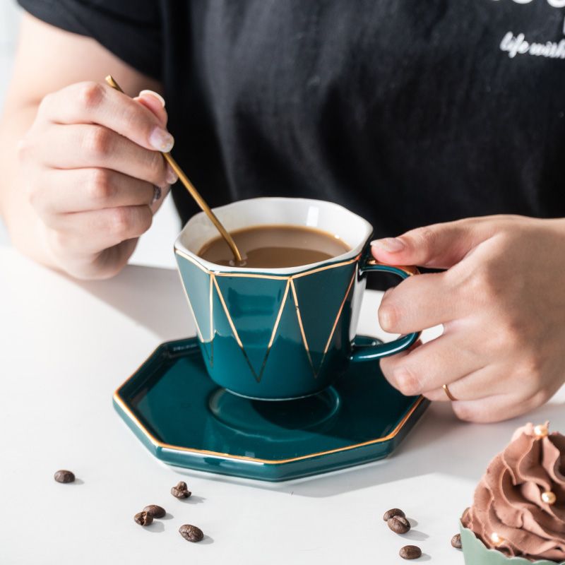 Ceramic water sets, geometric green coffee sets, light luxury simple European tea sets, cups, saucers, household gifts, porcelain cups, kettles, ceramics Item Picture
