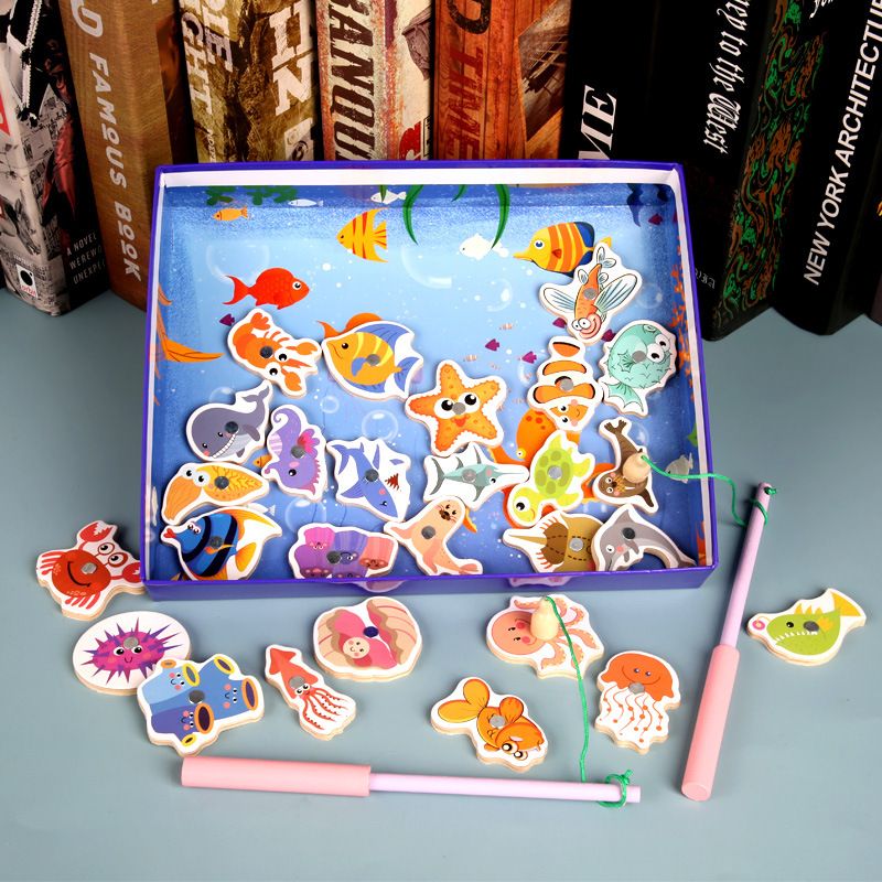 Wholesale wooden magnetic fishing toys in boxes, double-pole fishing games, for children aged 2-5, early education distribution