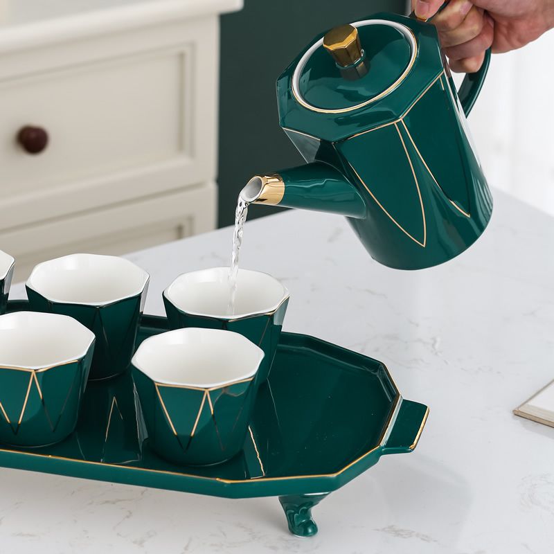 Ceramic water sets, geometric green coffee sets, light luxury simple European tea sets, cups, saucers, household gifts, porcelain cups, kettles, ceramics