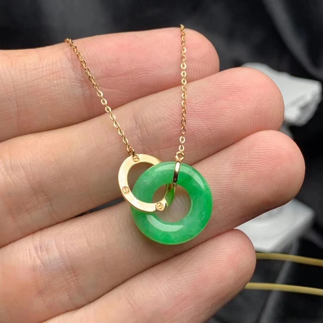 天然 翡翠项链 面包圈项链 A货冰种阳绿 18k金镶嵌 尺寸14.5*3.7