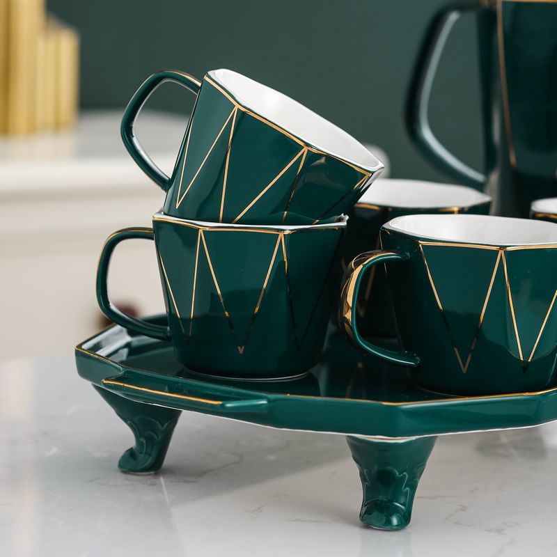 Ceramic water sets, geometric green coffee sets, light luxury simple European tea sets, cups, saucers, household gifts, porcelain cups, kettles, ceramics details Picture