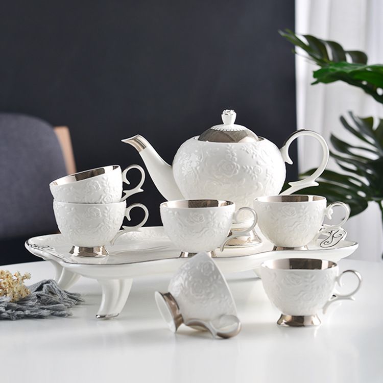 Ceramic water sets for export, ceramic gifts, European-style light luxury living room household cups, cups, cold water kettles, coffee sets, cups and plates, embossed single cups Application Scenario
