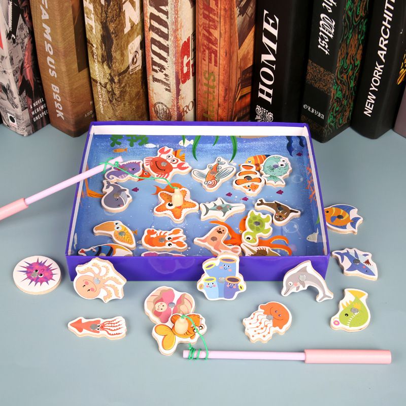 Wholesale wooden magnetic fishing toys in boxes, double-pole fishing games, for children aged 2-5, early education distribution Specification image