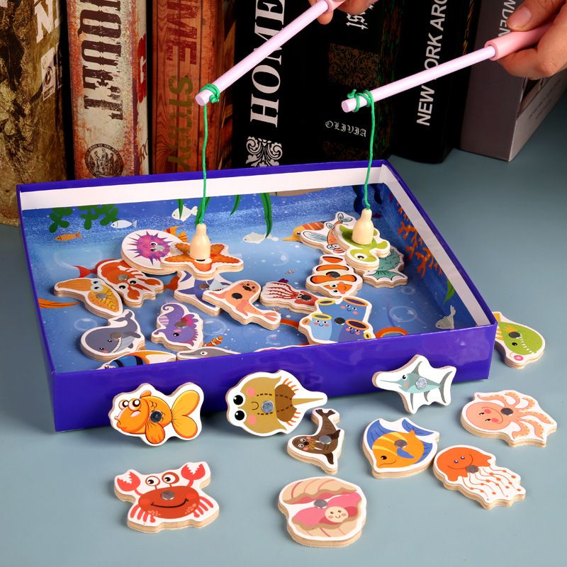 Wholesale wooden magnetic fishing toys in boxes, double-pole fishing games, for children aged 2-5, early education distribution Application Scenario
