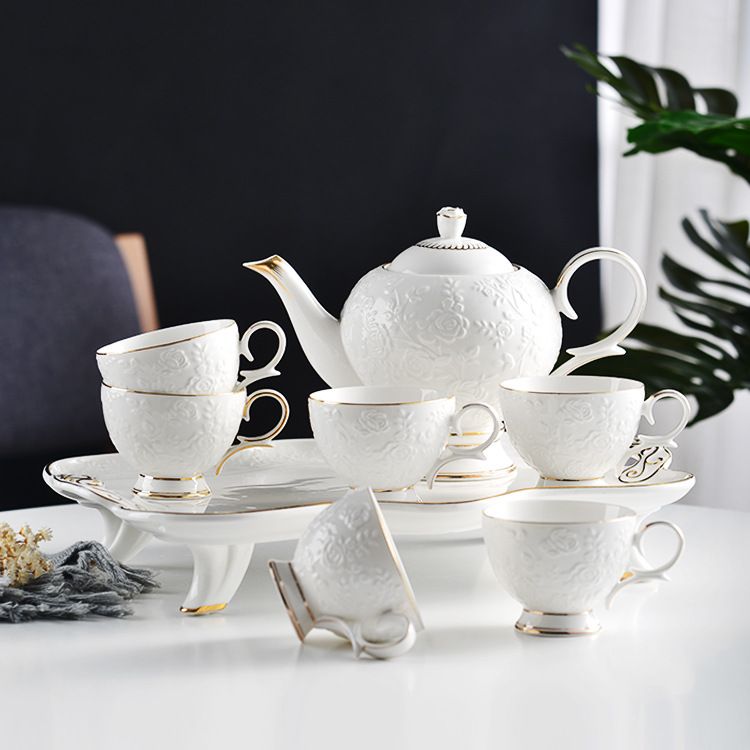 Ceramic water sets for export, ceramic gifts, European-style light luxury living room household cups, cups, cold water kettles, coffee sets, cups and plates, embossed single cups details Picture