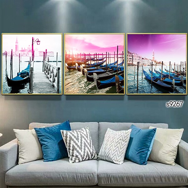 Landscape Seaside Sailboat Painting Core Modern Simple Triplet Frameless Picture Ice Crystal Painting Core Venice Town Landscape Building full figure