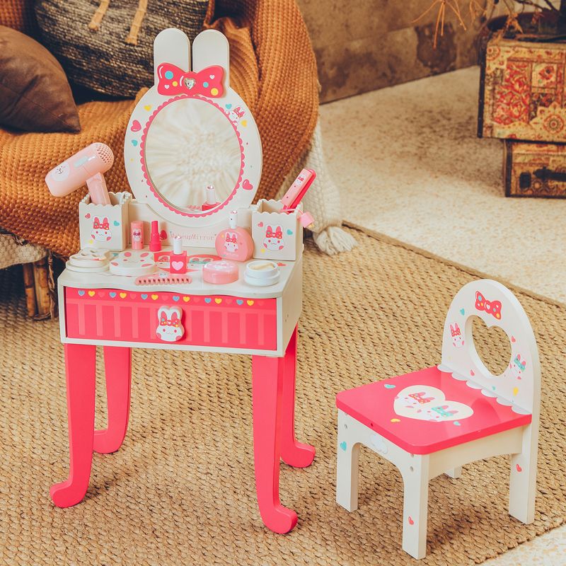 Wooden simulation rabbit dressing table toys with stools and legs, children's role-playing toys, rich in color, highly interesting, logical thinking ability training, parent-child games