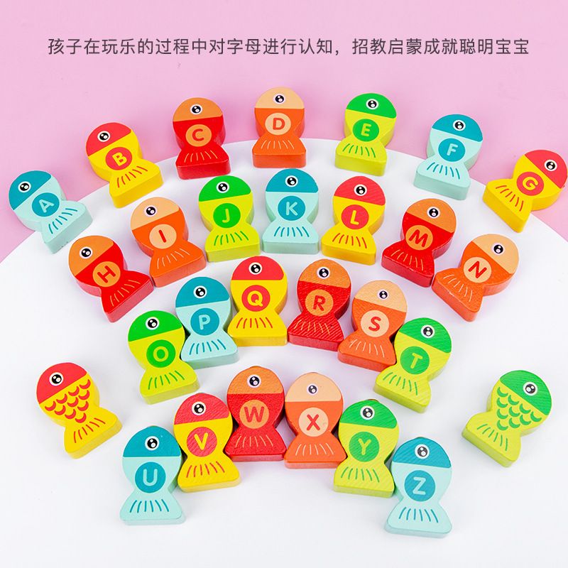 Children's fishing toys, wooden early education letter puzzle toys, hand-eye coordination exercise baby fishing toys wholesale details Picture