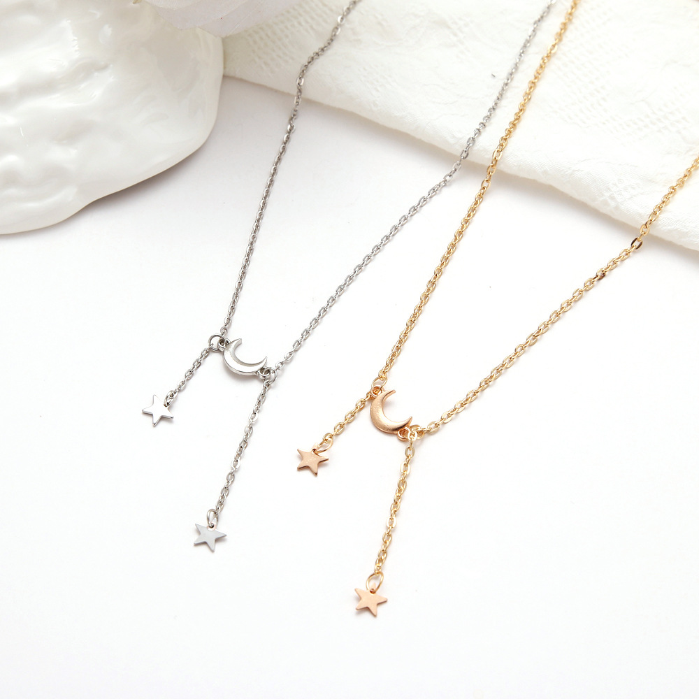 Cross-border exclusive to AliExpress, new fashionable and simple star and moon single-layer necklace, fresh and cute five-pointed star collarbone chain Specification image