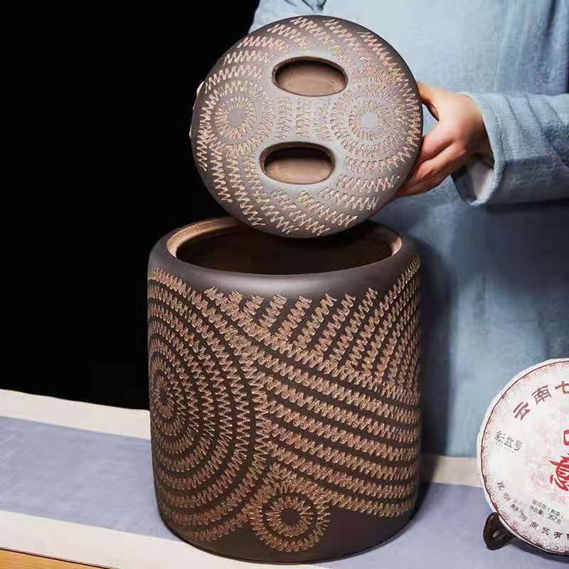紫砂七子饼茶叶罐大号储茶缸宜兴手工陶罐存茶桶大码普洱密封茶罐30