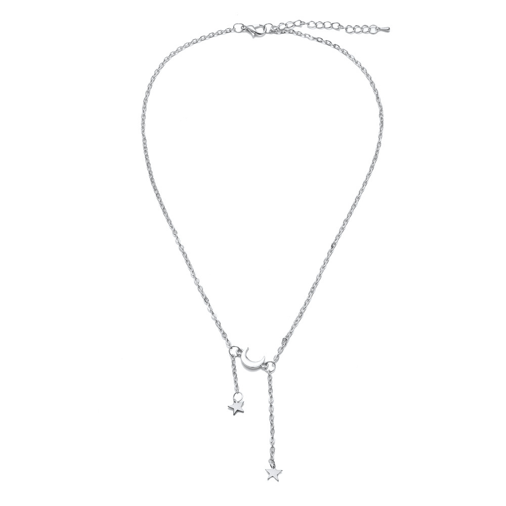 Cross-border exclusive to AliExpress, new fashionable and simple star and moon single-layer necklace, fresh and cute five-pointed star collarbone chain details Picture
