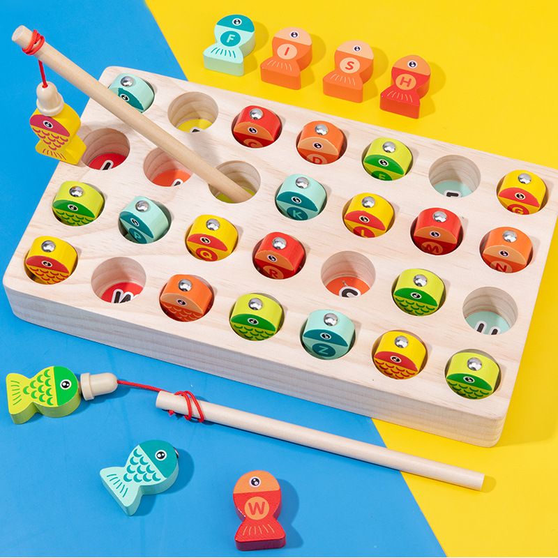 Children's fishing toys, wooden early education letter puzzle toys, hand-eye coordination exercise baby fishing toys wholesale Specification image