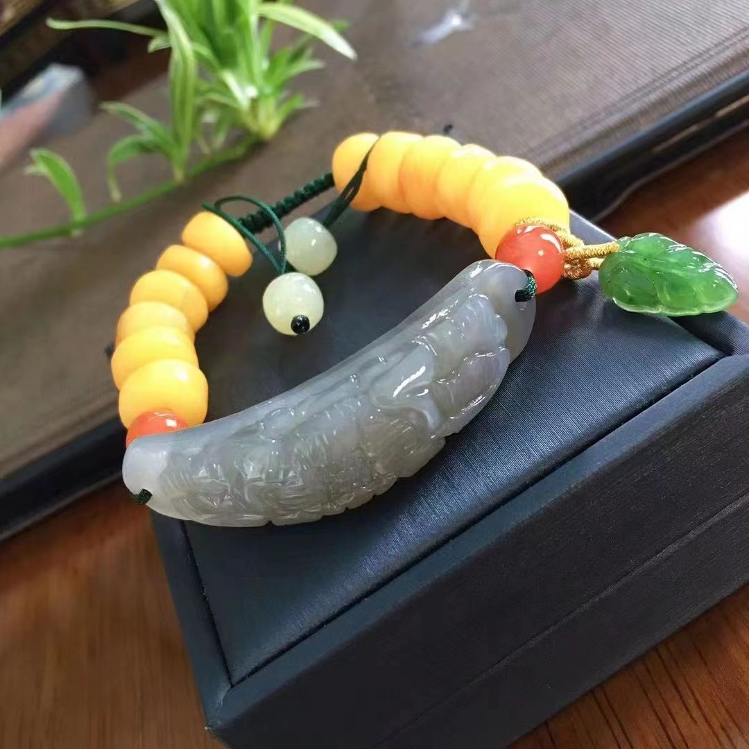 和田玉手牌 精雕 牡丹花 到7*10mm蜜蜡盘珠 碧玉叶子吊坠 高贵典雅 重24克