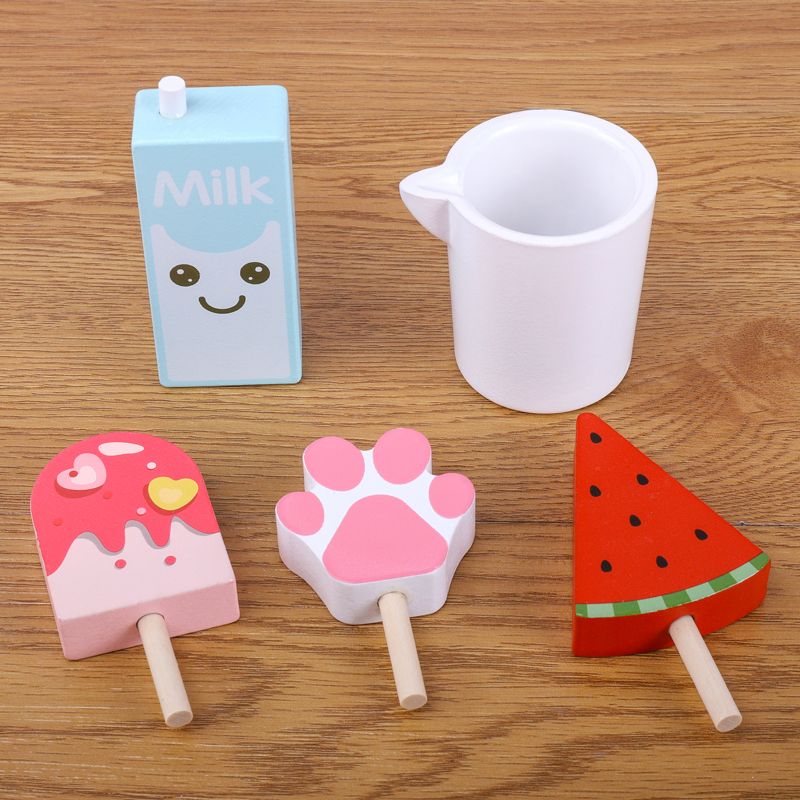 The wooden simulation Popsicle set is a children's pretend play toy with rich colors, strong fun, fine workmanship, and can cultivate visual ability, logical thinking ability, and exercise parent-child games Specification image