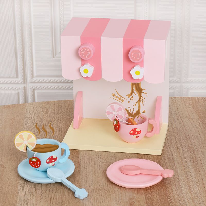 The wooden simulation coffee machine set is a children's role-playing toy with rich colors, strong fun, fine workmanship, and can cultivate visual ability, logical thinking ability, and exercise parent-child games details Picture
