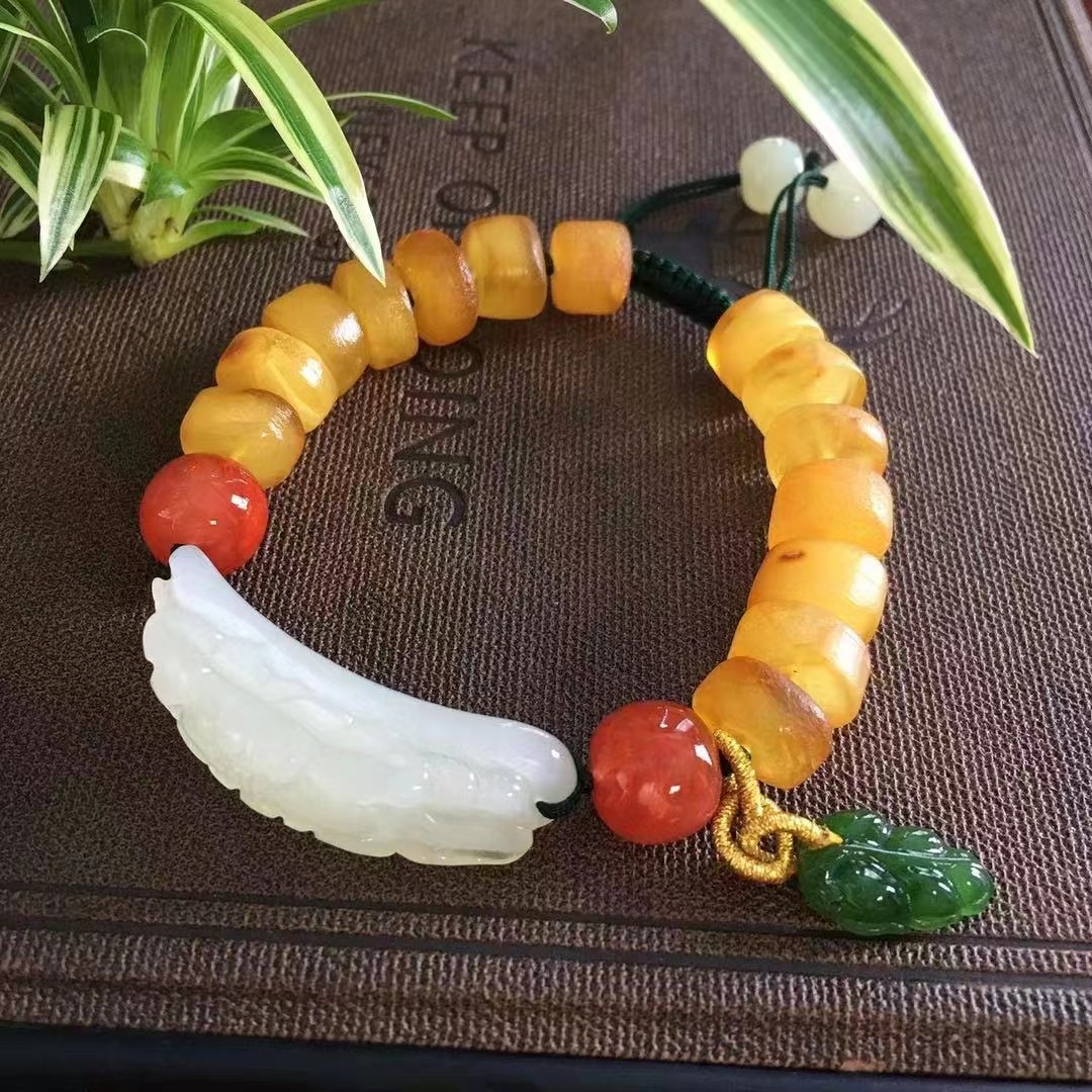 和田玉手牌 精雕 牡丹花 到7*10mm蜜蜡盘珠 碧玉叶子吊坠 高贵典雅详情图1