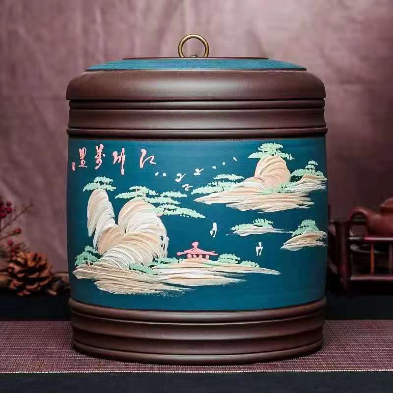 宜兴大号紫砂茶叶罐普洱密封复古茶缸存储陶瓷罐家用醒茶散茶饼罐25