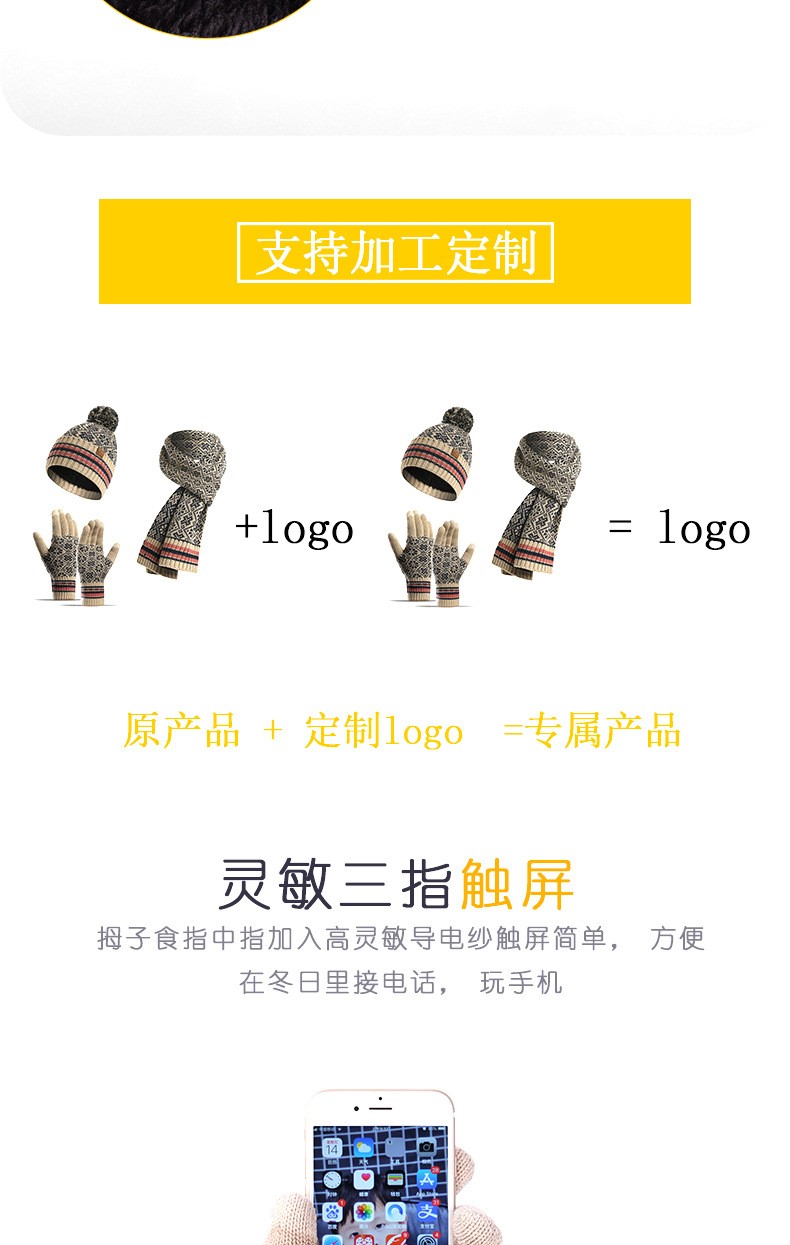 简爱丝缘厂家亚马逊冬季新款欧美针织围巾保暖毛线帽子围巾手套三件详情图2