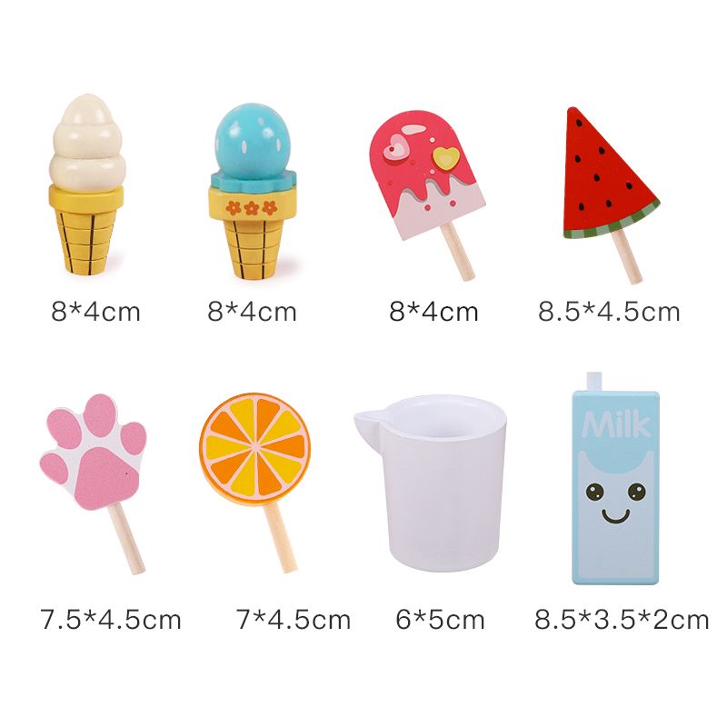 The wooden simulation Popsicle set is a children's pretend play toy with rich colors, strong fun, fine workmanship, and can cultivate visual ability, logical thinking ability, and exercise parent-child games Item Picture