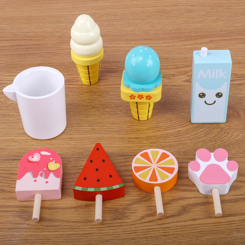 The wooden simulation Popsicle set is a children's pretend play toy with rich colors, strong fun, fine workmanship, and can cultivate visual ability, logical thinking ability, and exercise parent-child games Application Scenario