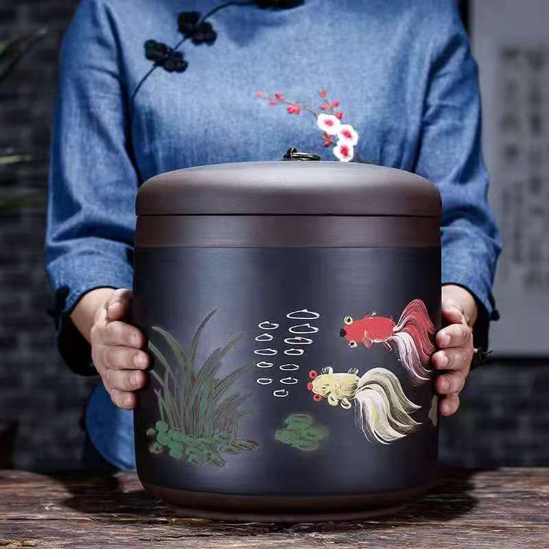 宜兴原矿紫砂茶叶罐大号普洱茶饼密封储茶缸特大陶瓷白散茶存茶罐30