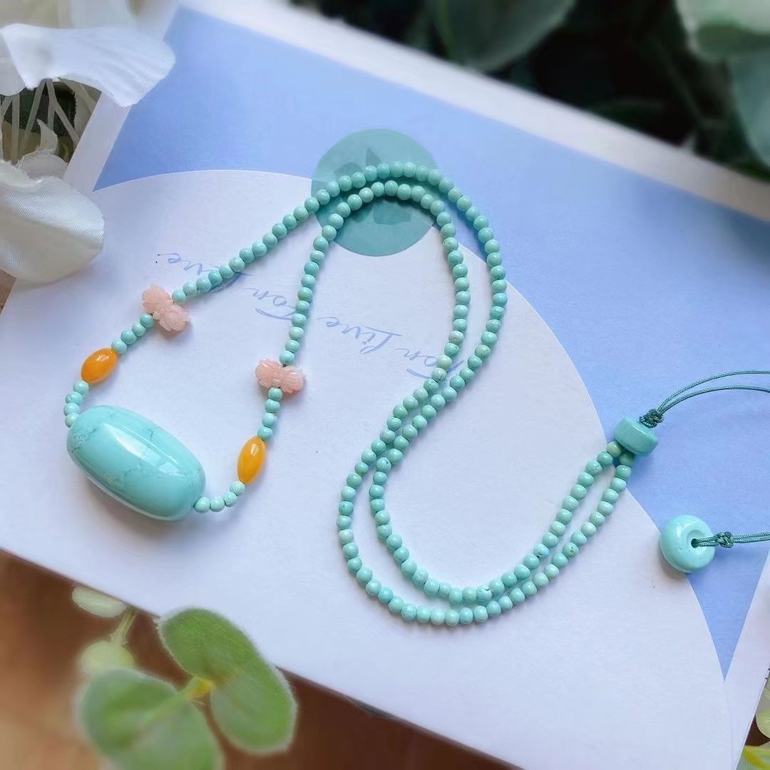 湖北原矿绿松石枣珠锁骨链 高瓷高蓝 玻璃瓷 多宝珠 规格26*14.8mm