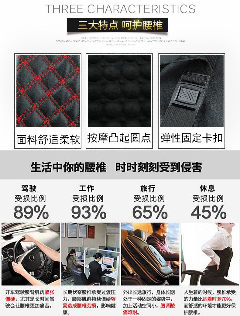Automotive electric lumbar support, red wine, car lumbar support, car health massage cushion, 353410CM, interior supplies detail image 1