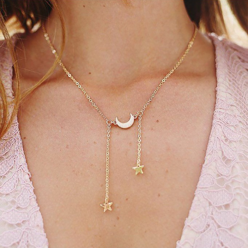 Cross-border exclusive to AliExpress, new fashionable and simple star and moon single-layer necklace, fresh and cute five-pointed star collarbone chain Item Picture