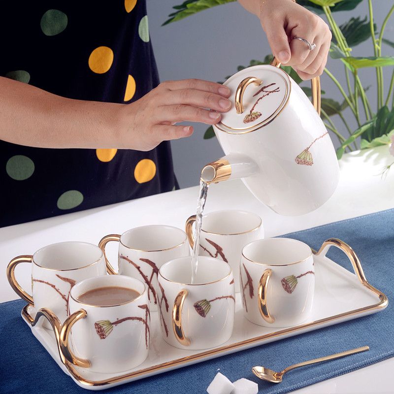Ceramic water sets, light luxury Nordic-style coffee sets, home living room tea sets, cups, single cups, cold water kettles, ceramic cups, ceramic teapots, trays details Picture