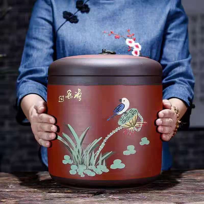 宜兴大号紫砂茶叶罐普洱密封复古茶缸存储陶瓷罐家用醒茶散茶饼罐32