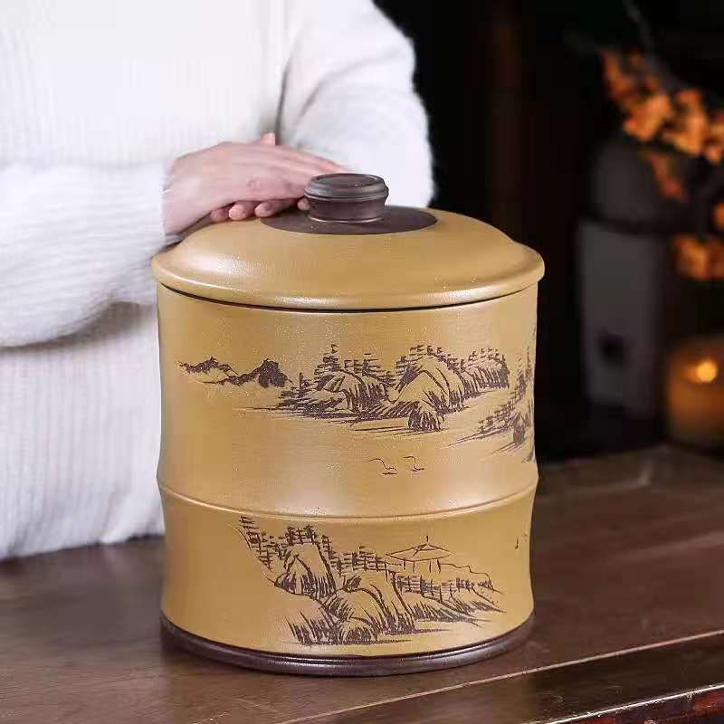 2024紫砂七子饼茶叶罐大号储茶缸宜兴手工陶罐存茶桶大码普洱密封茶罐32