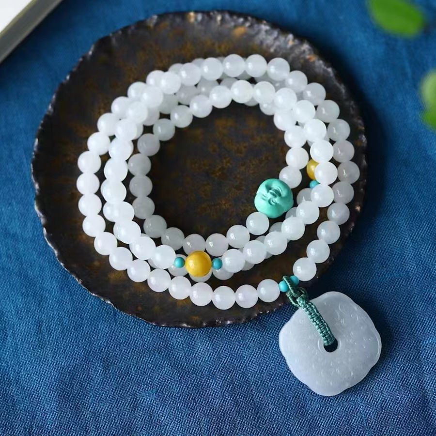 天然和田玉羊脂玉7mm多圈手链 两用款 搭配蜜蜡配珠 点缀和田玉坠 尺寸28*5mm