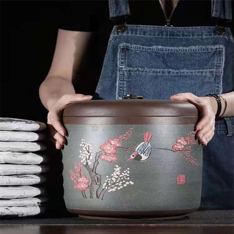 宜兴大号紫砂茶叶罐普洱密封复古茶缸存储陶瓷罐家用醒茶散茶饼罐26