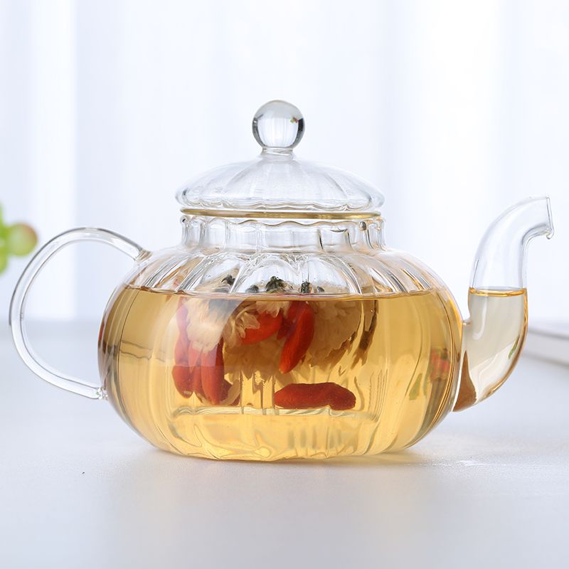 Thickened glass steaming teapot, boiling teapot, flower teapot, glass cup, Gongfu tea set, strainer teapot, striped teapot, flower teapot, 600ml