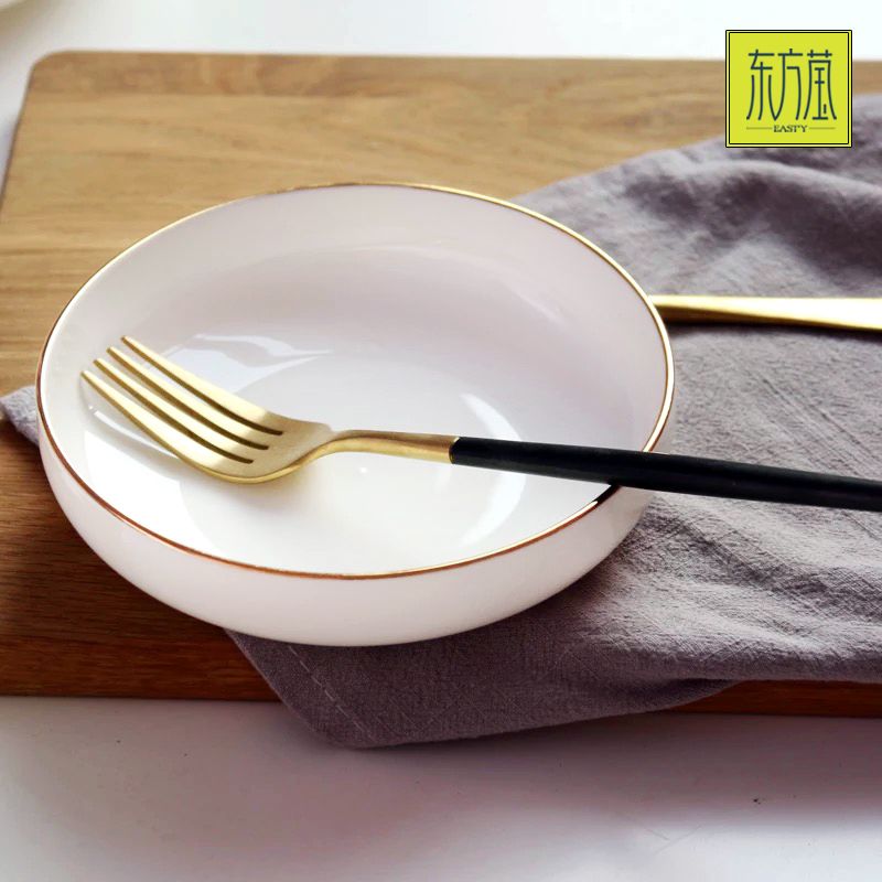 Ceramic dinner plates, tableware gifts, bone China plates, household vegetable plates, soup plates, knife and fork plates, salad plates, fruit plates, hotel-specific solid-color plates, white porcelain with gold plating Item Picture