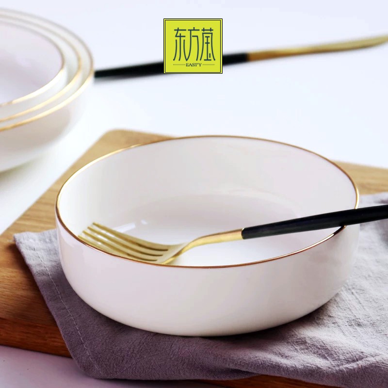 Ceramic dinner plates, tableware gifts, bone China plates, household vegetable plates, soup plates, knife and fork plates, salad plates, fruit plates, hotel-specific solid-color plates, white porcelain with gold plating detail image 5