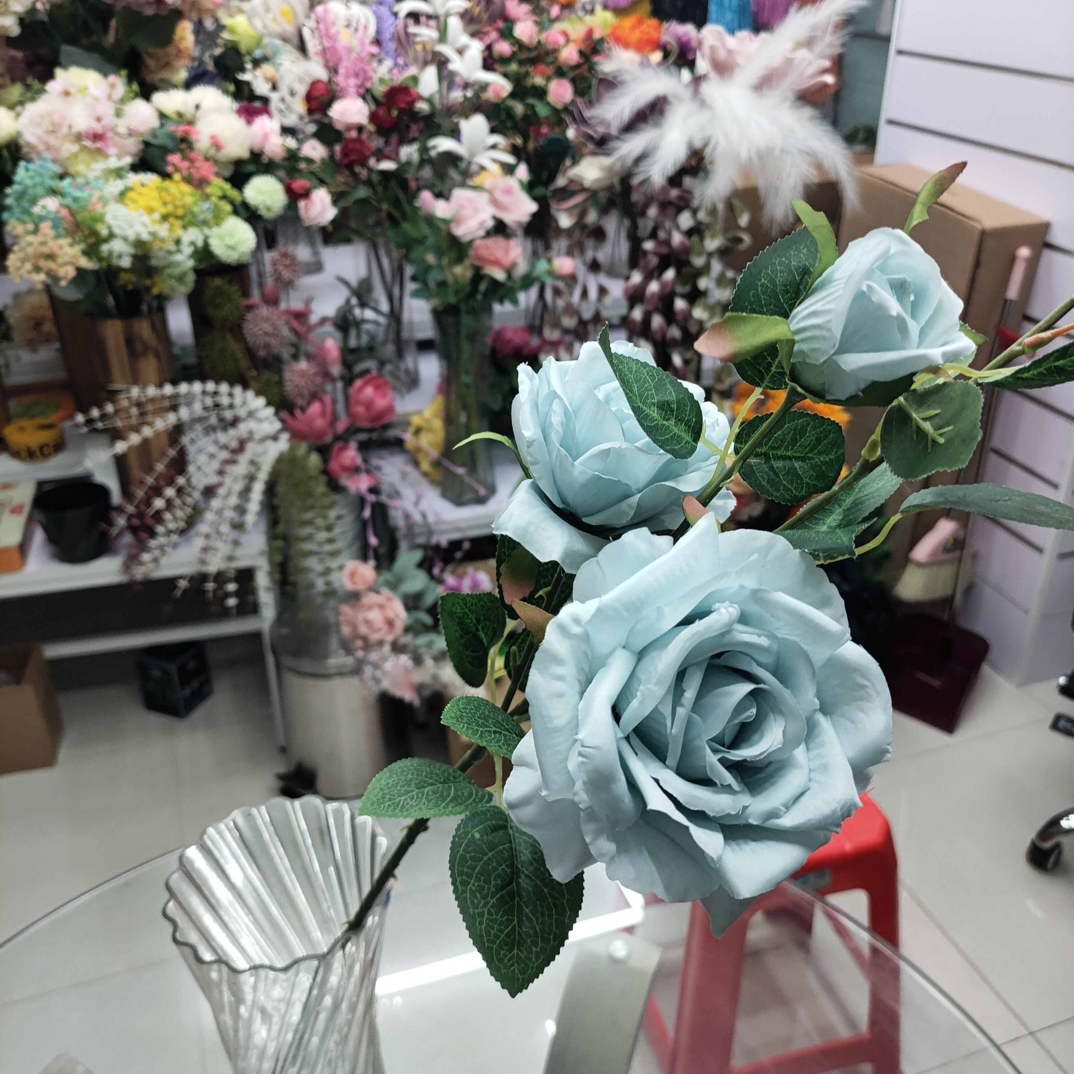 Yiwu Chengyu artificial flower, single rose with curled edges and 4 ends in light blue