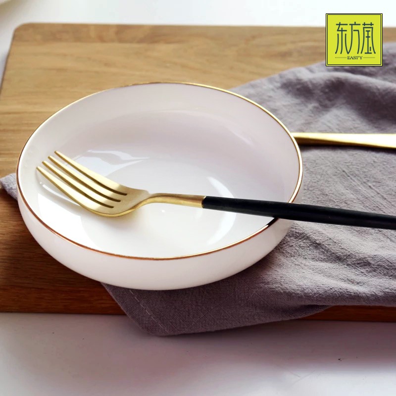 Ceramic dinner plates, tableware gifts, bone China plates, household vegetable plates, soup plates, knife and fork plates, salad plates, fruit plates, hotel-specific solid-color plates, white porcelain with gold plating detail image 7