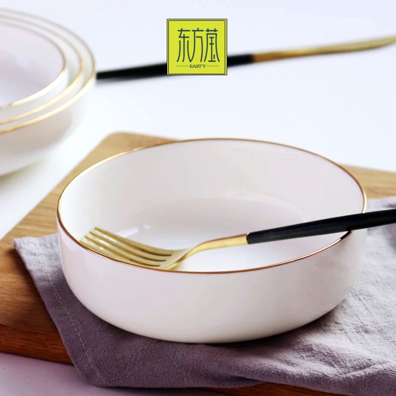 Ceramic dinner plates, tableware gifts, bone China plates, household vegetable plates, soup plates, knife and fork plates, salad plates, fruit plates, hotel-specific solid-color plates, white porcelain with gold plating Specification image