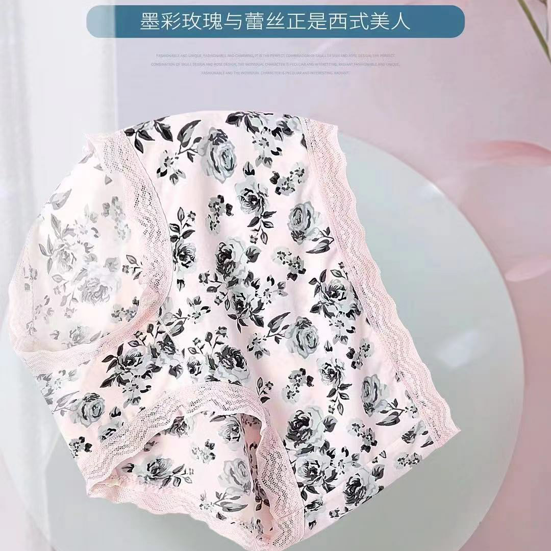 Yiwu good goods love water Ni 388-11 ice silk fabric chrysalis bottom black rose print lace pant legs sexy women's underwear