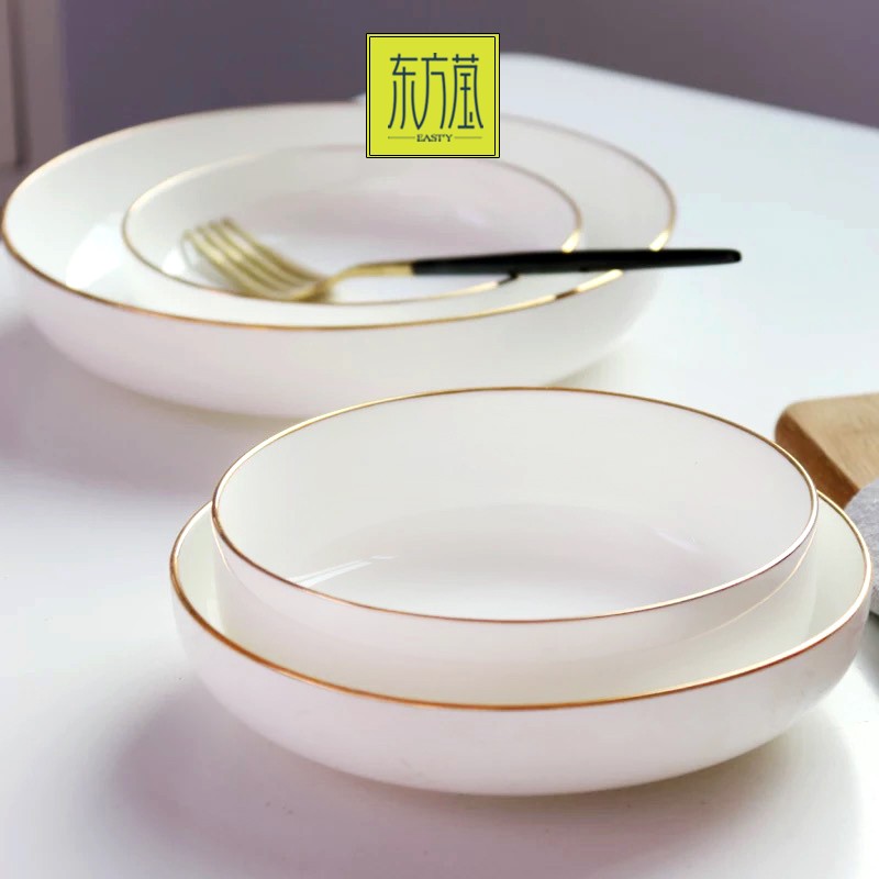 Ceramic dinner plates, tableware gifts, bone China plates, household vegetable plates, soup plates, knife and fork plates, salad plates, fruit plates, hotel-specific solid-color plates, white porcelain with gold plating detail image 3
