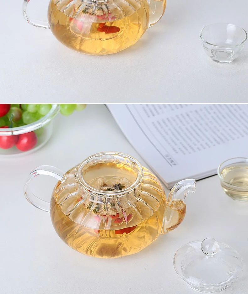 Thickened glass steaming teapot, boiling teapot, flower teapot, glass cup, Gongfu tea set, strainer teapot, striped teapot, flower teapot, 600ml detail image 11