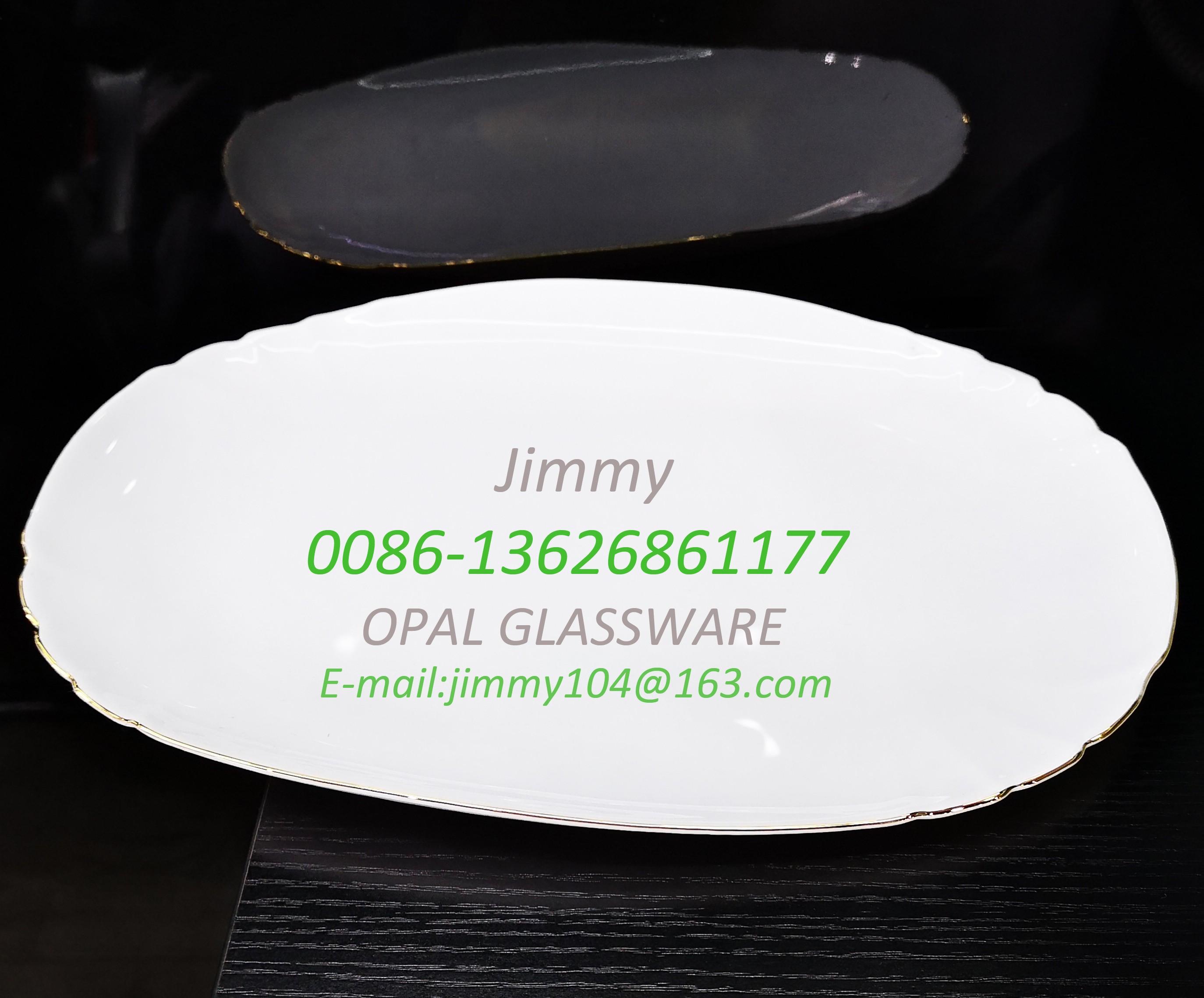 义乌好货白玉玻璃鱼盘描金款14寸腰盘 14' oval plate-opal glassware详情图1