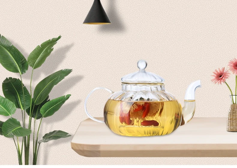Thickened glass steaming teapot, boiling teapot, flower teapot, glass cup, Gongfu tea set, strainer teapot, striped teapot, flower teapot, 600ml detail image 4