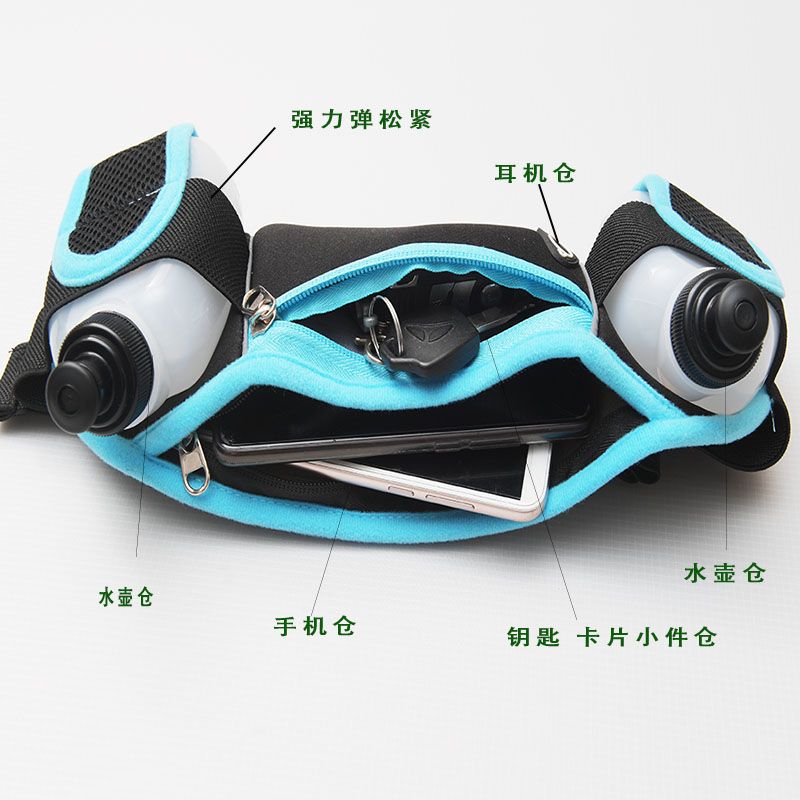 Double zipper, double pockets, headphone jack, water bottle bag, large capacity mobile phone, running bag, outdoor sports waist bag Item Picture