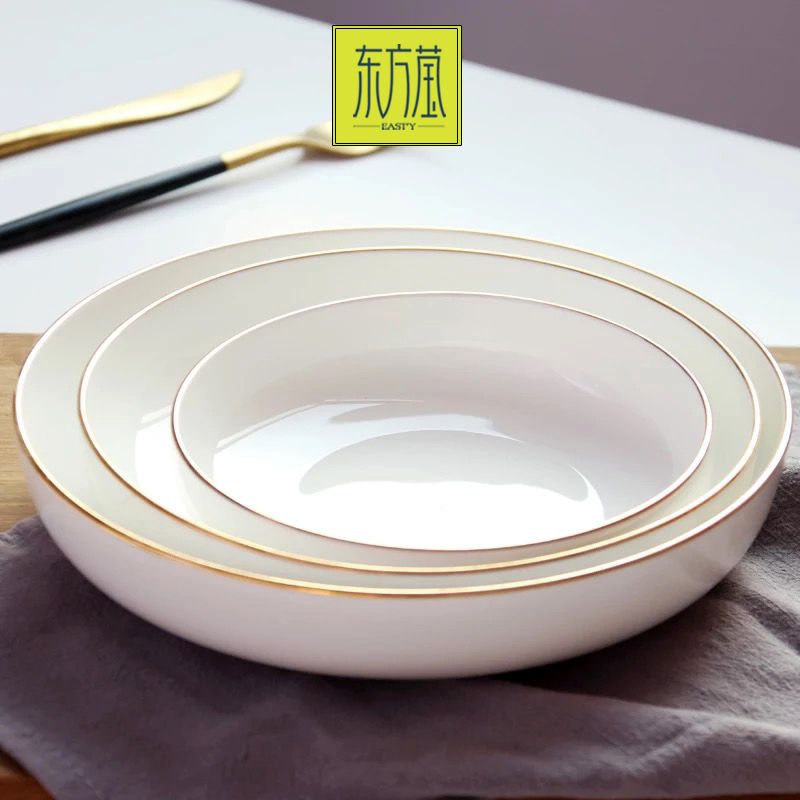 Ceramic dinner plates, tableware gifts, bone China plates, household vegetable plates, soup plates, knife and fork plates, salad plates, fruit plates, hotel-specific solid-color plates, white porcelain with gold plating Application Scenario