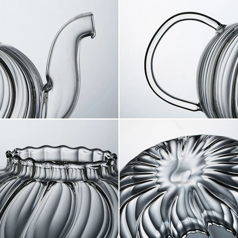 Thickened glass steaming teapot, boiling teapot, flower teapot, glass cup, Gongfu tea set, strainer teapot, striped teapot, flower teapot, 600ml detail image 19