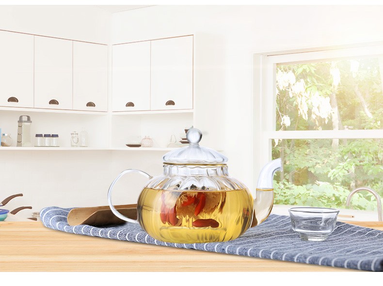 Thickened glass steaming teapot, boiling teapot, flower teapot, glass cup, Gongfu tea set, strainer teapot, striped teapot, flower teapot, 600ml detail image 5
