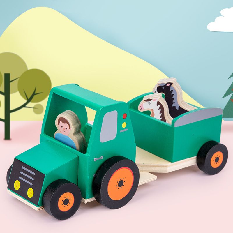 Wholesale wooden small trailer transport simulation tractor car model children glide toy animal figures across borders