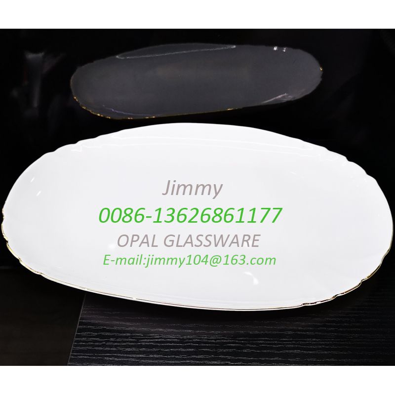 义乌好货白玉玻璃鱼盘描金款14寸腰盘 14' oval plate-opal glassware